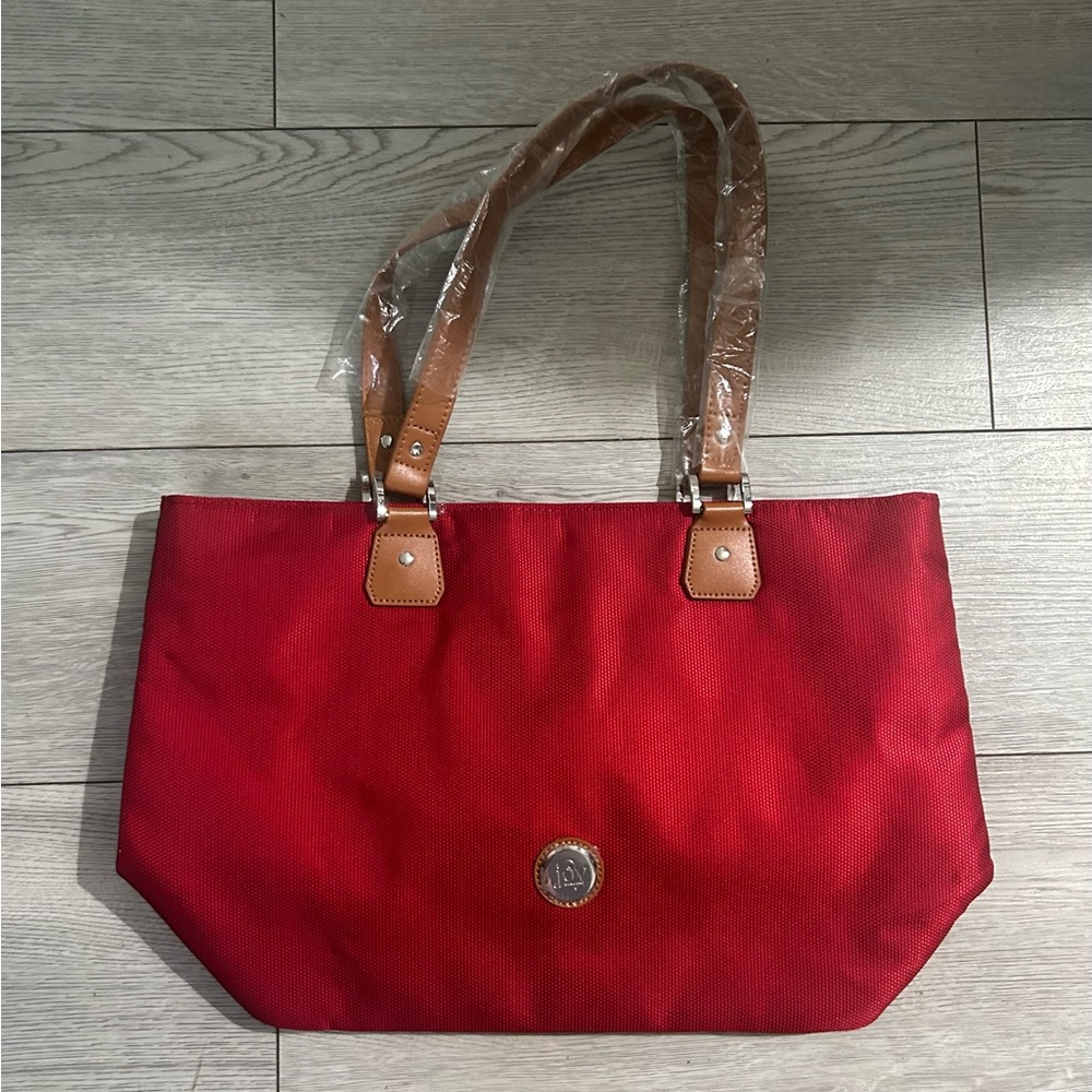 Red Tote Bag with Tan Handles - Unbranded